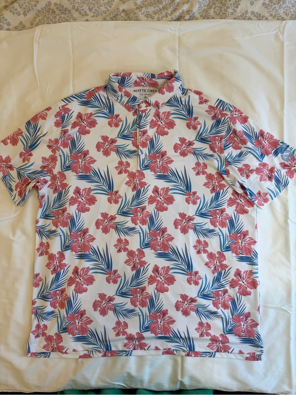 Matte Grey White Polo with Pink Floral & Blue Leaf Print
